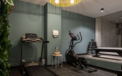 Fitness room at 103 Wonderful House equipped with a treadmill, elliptical machine, dumbbells and workout bench.