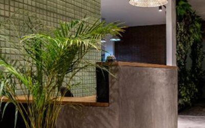 Reception area at 103 Wonderful House featuring a contemporary front desk, green tiled wall and lush indoor plants.
