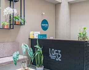Reception area at Hotel Loft 32 featuring a contemporary front desk, comfortable seating and decorative indoor plants.