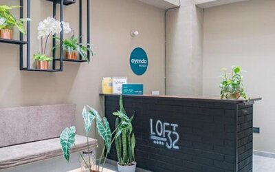 Reception area at Hotel Loft 32 featuring a contemporary front desk, comfortable seating and decorative indoor plants.