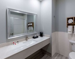 Modern bathroom at Days Inn & Suites By Wyndham Downtown/University Of Houston featuring a spacious vanity, large mirror and fresh towels.