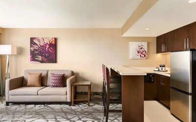 Studio suite with living area and in-room kitchen at the Double Tree Toronto Airport West.