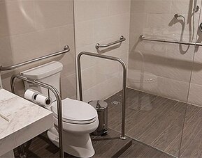 Accessible bathroom at Holiday Inn Lima Airport featuring a walk-in shower, grab bars, toilet and vanity sink.