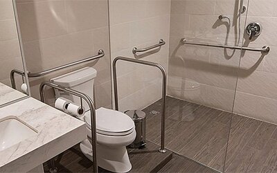 Accessible bathroom at Holiday Inn Lima Airport featuring a walk-in shower, grab bars, toilet and vanity sink.