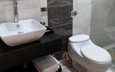 Modern bathroom featuring a vessel sink, toilet and glass-enclosed shower at Hotel Airport Travel.