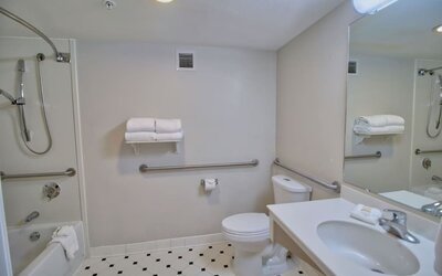 Accessible bathroom featuring safety grab bars, a spacious vanity and a combined shower and bathtub at La Quinta Inn & Suites By Wyndham Orlando I Drive/Conv Ctr.