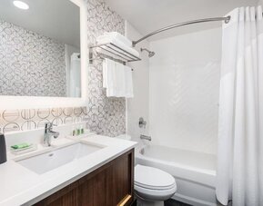 Contemporary bathroom featuring a spacious vanity, modern fixtures and a tub and shower combination at Holiday Inn Toronto Airport East.