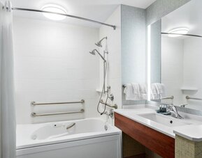 Accessible bathroom featuring a bathtub with grab bars, an adjustable showerhead and a modern vanity with an illuminated mirror at Holiday Inn Express & Suites Ontario.