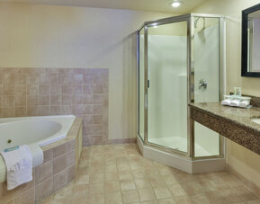 Bathroom featuring a soaking tub, a glass-enclosed shower and a spacious granite vanity at Holiday Inn Express SFO Airport North.