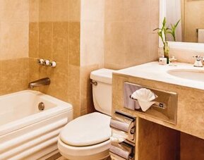 Bathroom with a bathtub and shower combination, a marble vanity, a toilet, a grab bar, a large mirror, and neatly arranged towels at Hotel Geneve.