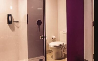 Bathroom featuring a walk-in shower, toilet, contemporary fixtures, and modern finishes at Ibis Styles Mexico Reforma.