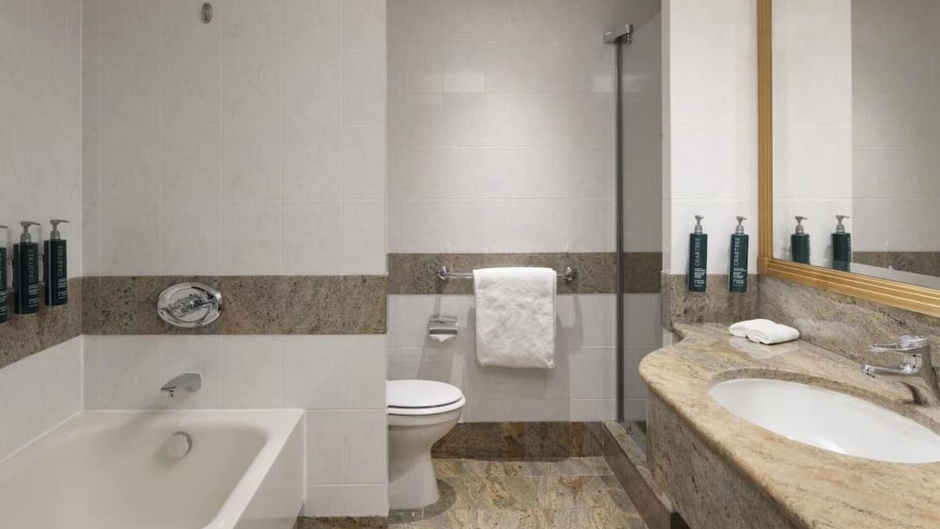 Hotel bathroom with bathtub, glass-enclosed shower, toilet, marble vanity, large mirror and wall-mounted toiletries.