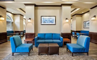 Hotel lobby seating area with blue upholstered furniture, accent lighting, and casual gathering spaces at Comfort Suites Frisco.