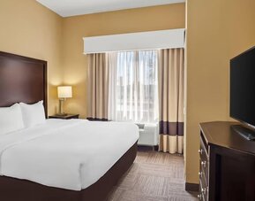 Standard king room with a flat-screen television, dresser, bedside table, and window seating area at Comfort Suites Frisco.