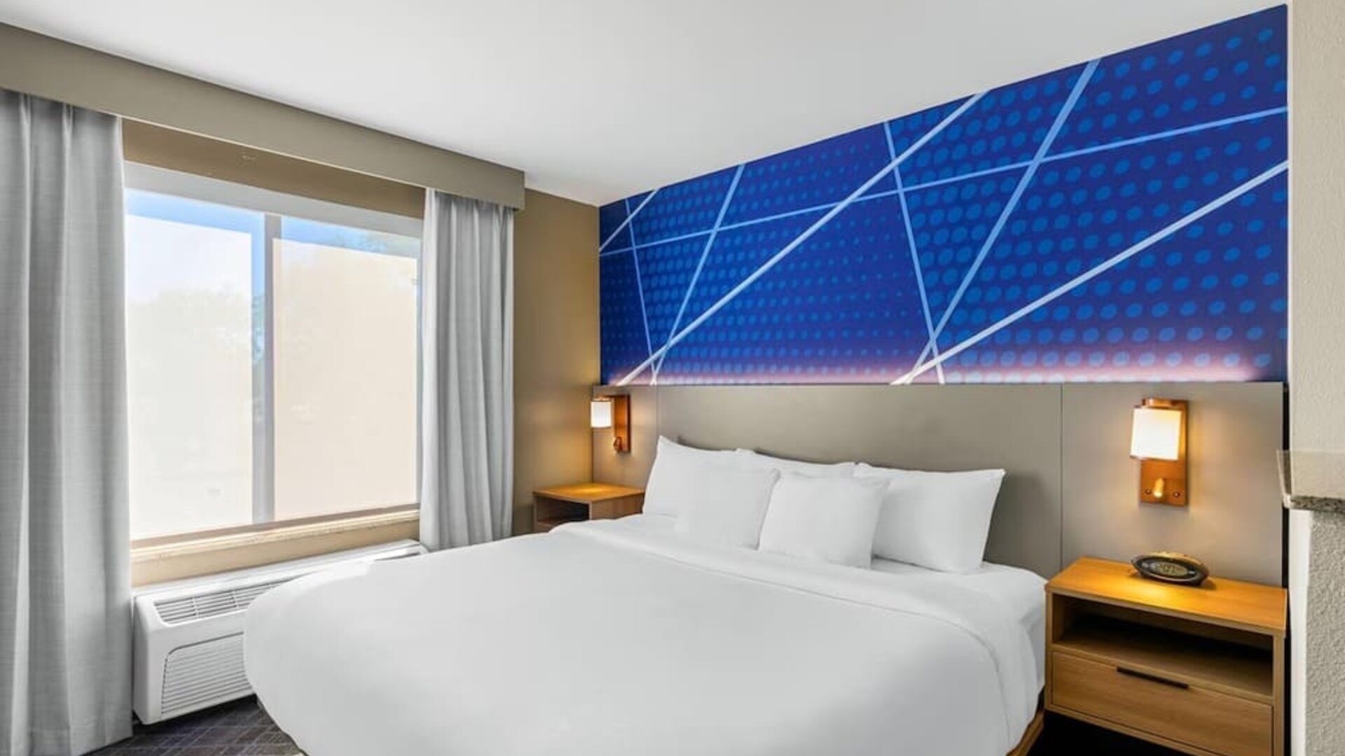 King guest room featuring a comfortable king bed, modern blue accent wall, bedside lighting, and natural light at Comfort Suites Vacaville-Napa Valley Area.