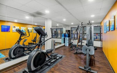 Fitness centre equipped with cardio machines, strength-training equipment, and mirrored walls at Comfort Suites Vacaville-Napa Valley Area.