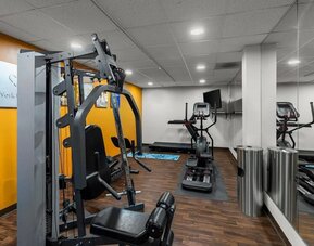Fitness centre featuring strength-training equipment, cardio machines, mirrored walls, and ample workout space at Comfort Suites Vacaville-Napa Valley Area.