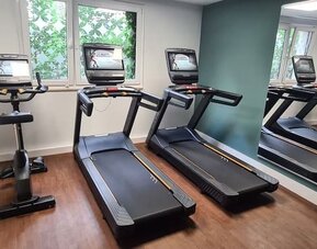Compact hotel fitness center with two treadmills, a stationary exercise bike, mirrored wall, wood-look flooring, and windows providing natural light.