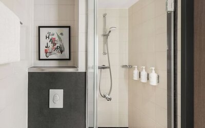 Modern tiled hotel bathroom featuring a glass-enclosed walk-in shower with handheld showerhead, wall-mounted toiletries, white towels, and framed artwork.
