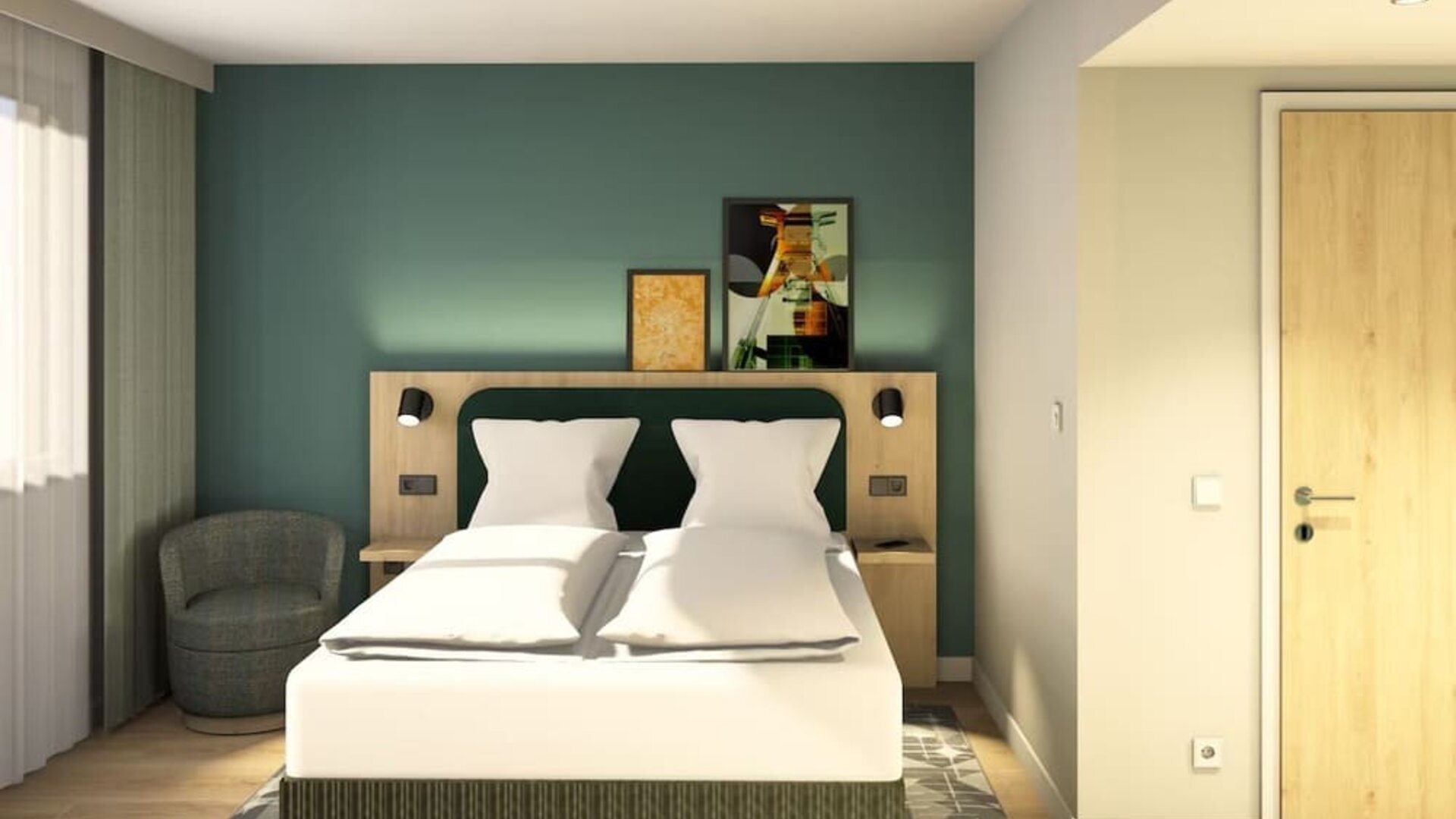 Bright modern hotel room with a double bed, crisp white bedding, teal accent wall, bedside reading lights, artwork, and a gray armchair by the window.