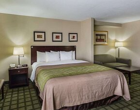 Spacious guest room featuring a king bed, sofa seating area, bedside lighting, and framed artwork at Comfort Inn Southwest At Westpark.