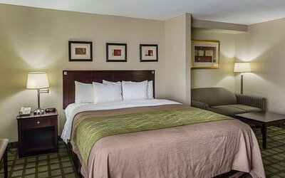Spacious guest room featuring a king bed, sofa seating area, bedside lighting, and framed artwork at Comfort Inn Southwest At Westpark.