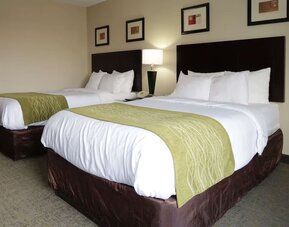 Spacious guest room featuring a king bed, sofa seating area, coffee table, workspace, and large window at Comfort Inn Southwest At Westpark.