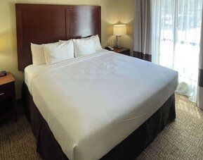King guest room with a large bed, bedside tables, lamps, and natural light from the window at Comfort Suites San Antonio SeaWorld - Lackland AFB.