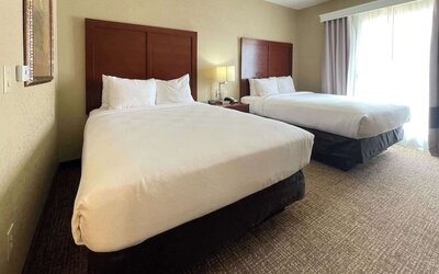Guest room with two beds, bedside table, lamp, and natural light from a large window at Comfort Suites San Antonio SeaWorld - Lackland AFB.