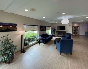 Spacious hotel lobby with blue sofas and armchairs, television, floor lamps, plants, and large windows at Comfort Suites San Antonio SeaWorld - Lackland AFB.