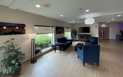 Spacious hotel lobby with blue sofas and armchairs, television, floor lamps, plants, and large windows at Comfort Suites San Antonio SeaWorld - Lackland AFB.