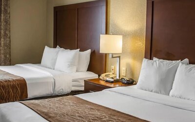 Guest room with two beds, white bedding, wooden headboards, bedside table, lamp, and alarm clock at Comfort Suites San Antonio SeaWorld - Lackland AFB.