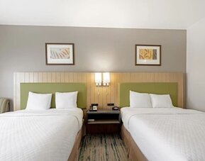 Guest room with two beds, white bedding, green upholstered headboards, shared nightstand, bedside lighting, and framed artwork at SureStay by Best Western Lewisville Dallas.