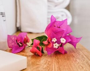 Spa amenities with toiletries, folded towels, and colourful flowers at Múcura Hotel & Spa.
