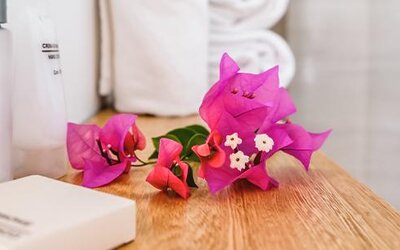 Spa amenities with toiletries, folded towels, and colourful flowers at Múcura Hotel & Spa.
