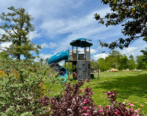 Resort grounds featuring a children's playground with a tube slide surrounded by lawn, trees, and landscaped gardens at SKYLARANNA Resort & Spa.