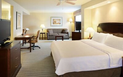 Day use studio suite with TV, work desk and living area at Homewood Suites By Hilton Burlington.