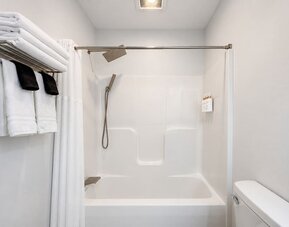 Guest bathroom featuring a bathtub and shower combination, modern shower fixtures, and neatly arranged towels at SKYLARANNA Resort & Spa.