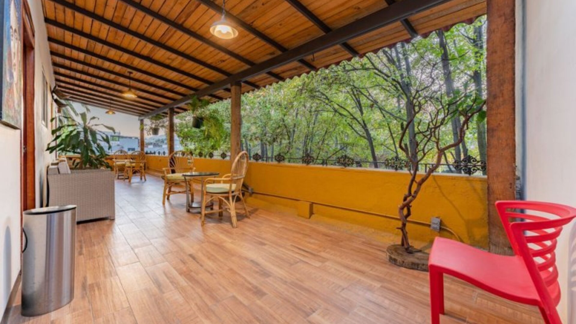 Covered outdoor terrace featuring casual seating, wood flooring, and views of surrounding leafy trees at Casa Anzures Suites.