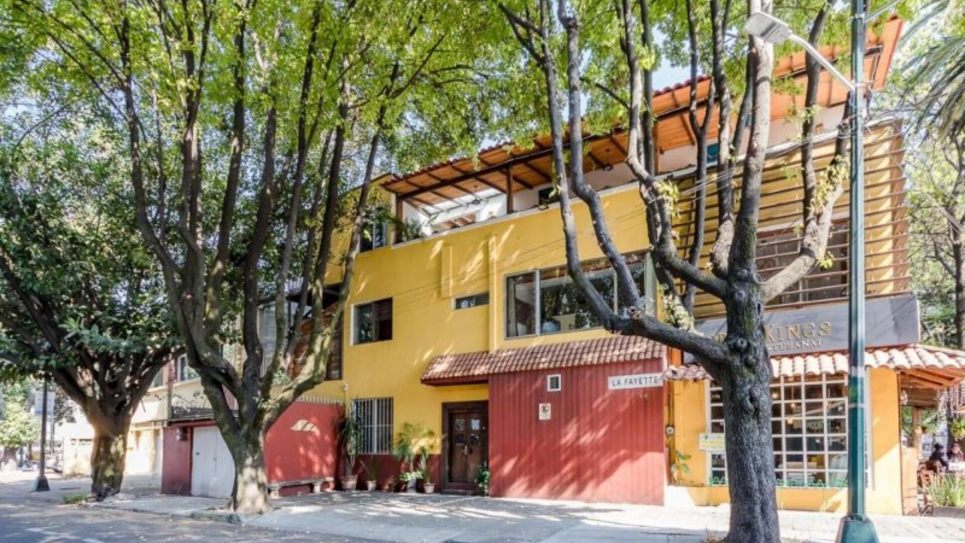 Colourful street-facing exterior surrounded by mature trees at Casa Anzures Suites.