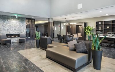 Stylish lobby seating area featuring contemporary sofas, a fireplace, plants, and additional lounge seating at Holiday Inn & Suites Silicon Valley - Milpitas.