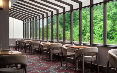 Bright dining area featuring comfortable seating, individual tables, and floor-to-ceiling windows overlooking greenery at Wyndham Garden Pittsburgh Airport.