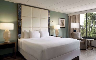 Comfortable king guest room featuring a plush bed, bedside lighting, armchair, and large window with natural views at Wyndham Garden Pittsburgh Airport.