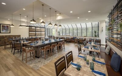 Bright contemporary hotel restaurant with neatly set wooden tables, blue napkins, pendant lighting, patterned flooring, booth seating, and large windows overlooking surrounding greenery.