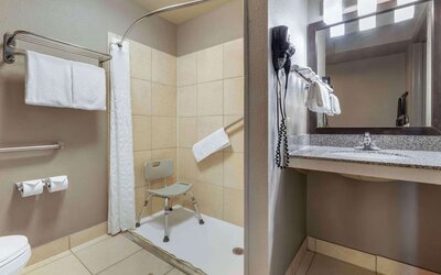 Accessible guest bathroom featuring a roll-in shower with shower chair, grab bars, vanity, mirror, and fresh towels. Best Western McCarran Inn.