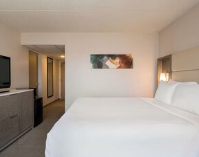 King guest room featuring a large bed, television, bedside lighting, storage cabinet, and contemporary artwork. Crowne Plaza Englewood.