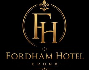 Fordham Hotel Bronx logo featuring large gold FH initials, decorative gold flourishes, and the hotel name in gold lettering against a black background.
