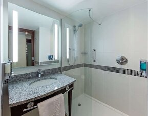 Modern hotel bathroom with a granite vanity, illuminated mirror, glass-enclosed walk-in shower, handheld showerhead, grab rail and wall-mounted toiletries.