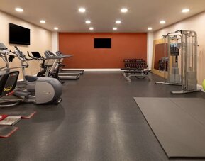 Spacious hotel fitness center with treadmills, elliptical machines, exercise bikes, dumbbells, weight-training equipment, exercise mats and stability balls.
