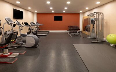 Spacious hotel fitness center with treadmills, elliptical machines, exercise bikes, dumbbells, weight-training equipment, exercise mats and stability balls.